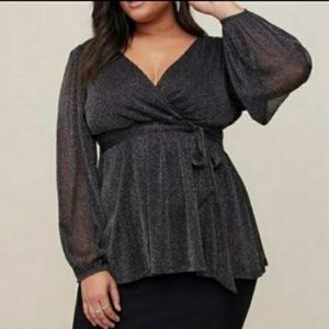 Torrid Long Sleeve Knit Lurex Surplice Peplum Top